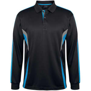 A long-sleeve polo shirt in black with blue and grey accents, featuring a logo on the collar.