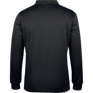 A long sleeve polo shirt in black, featuring a collar and a logo on the back.