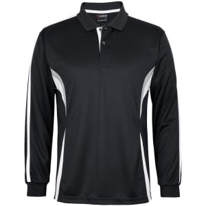 A black long-sleeve polo shirt with white accents and a logo on the chest.