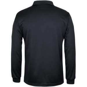 A long-sleeve polo shirt in black featuring a subtle textured pattern and a logo on the side.