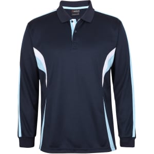 A dark navy long-sleeve polo shirt featuring light blue accents and a branding logo.