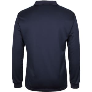 A long-sleeve navy polo shirt with a textured design and a branding logo on the back.