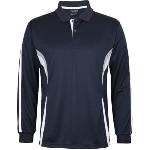 A navy long-sleeve polo shirt featuring white accent stripes and a branding logo on the chest.