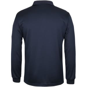 A long-sleeve navy polo shirt featuring a collar and a subtle textured pattern. It has a logo on the chest.