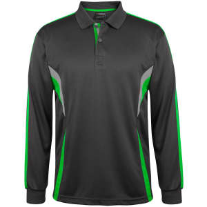 A long-sleeve black polo shirt featuring green and grey accents and a logo.