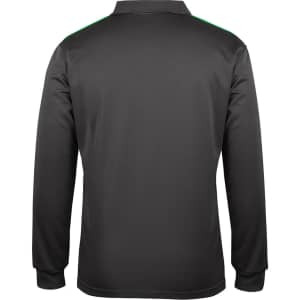 A long-sleeve polo shirt in black, featuring a small green accent and a branding logo on the back.