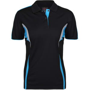 A black polo shirt featuring blue accents and a logo. The design includes a classic collar and button placket.