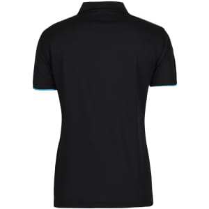 A black polo shirt with light blue accents and a collar, featuring a branding logo.