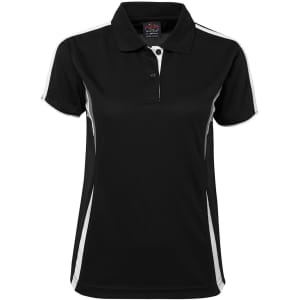 A black polo shirt with white accents and a collar, featuring a logo on the front.