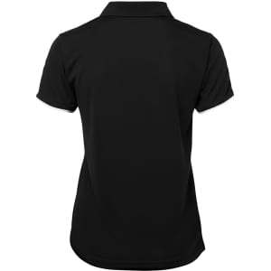 A black polo shirt featuring a classic design with short sleeves and a collar. It has a logo on the back.