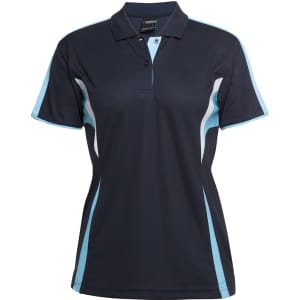 A navy polo shirt for women with light blue and white accents, featuring a collar and a logo.