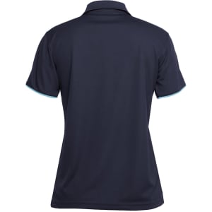 A navy polo shirt with a collar and short sleeves, featuring contrasting trims and a logo on the back.