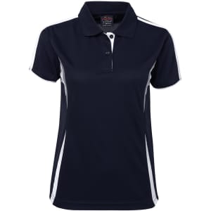 A navy blue women's polo shirt with white side stripes and a collar, featuring a branded label.