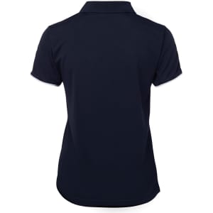 A navy polo shirt with a collar and short sleeves, featuring a logo on the back.