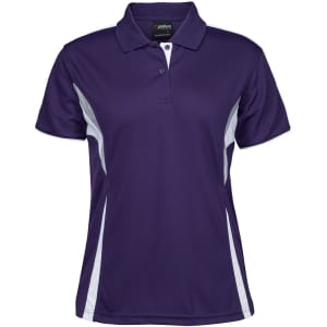 A purple polo shirt with white accents and a collar. It features a logo on the label.