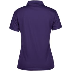 A purple polo shirt featuring a collared neckline and short sleeves, with a logo on the back.