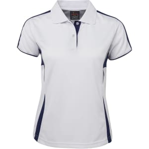 A white polo shirt for women with navy blue accents and a logo on the collar.
