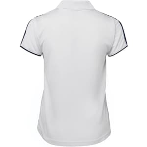 A white polo shirt with navy accents and a collar, featuring a logo on the back.