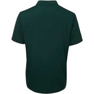 A dark green polo shirt with a collar and short sleeves, featuring a logo on the back.