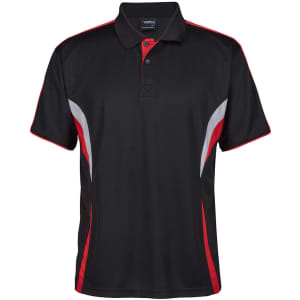 A black polo shirt with red and grey accents, featuring a logo on the chest.