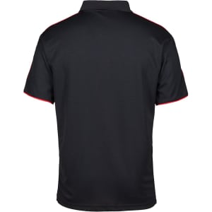 A black polo shirt featuring red detailing and a collar, with a logo on the upper back.
