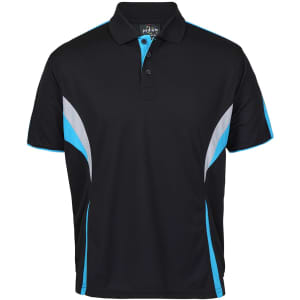 A black polo shirt featuring blue and grey accents, with a collar and a logo on the chest.