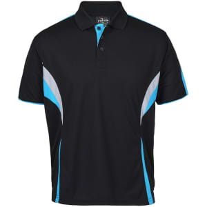 A black polo shirt featuring blue and grey accents, with a collar and a branded logo.