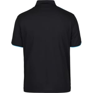 A black polo shirt with light blue accents and a logo on the back.