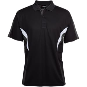 A black polo shirt featuring white accents and a branding logo on the front. Short-sleeved design with a classic collar.