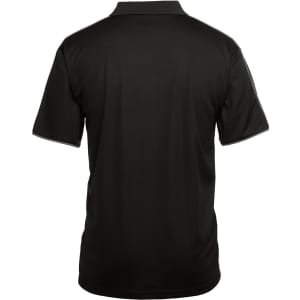 A black polo shirt featuring a collar and short sleeves, with a subtle branding detail on the back.