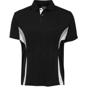 A black polo shirt featuring grey side panels and a collar, with a logo on the chest.