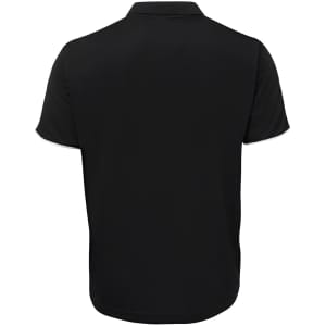 A black polo shirt displayed from the back, featuring a collar and a branding logo.
