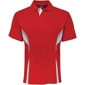 A red polo shirt with white side panels and a collar. Features a logo on the upper back.