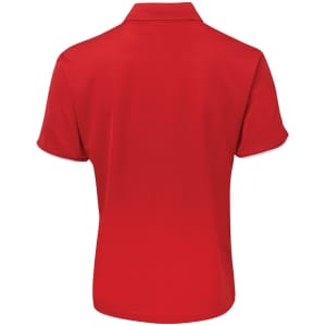 A red polo shirt featuring a collar and short sleeves, with a logo on the back.