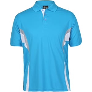 A blue polo shirt featuring white mesh detailing and a collar, with a logo on the chest.