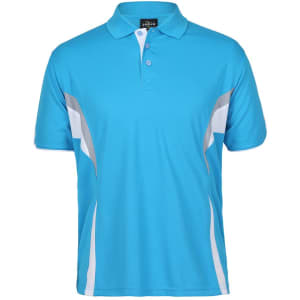 A blue polo shirt featuring grey accents and a branded logo on the chest.