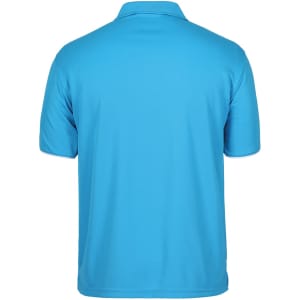 A blue polo shirt with a classic collar and short sleeves. The back features a logo.