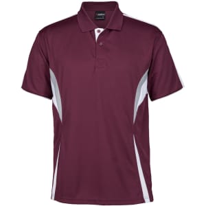 A maroon polo shirt featuring grey side panels and a collar, with a logo on the upper front.