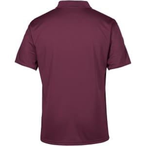 A maroon polo shirt with a collar and a logo on the back. Smooth fabric and regular fit.