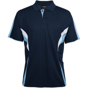 A navy blue polo shirt featuring light blue accents and a logo, designed for sporty looks.