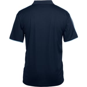 A navy polo shirt featuring contrasting light blue trim and a logo on the back. Ideal for casual wear.