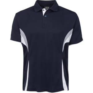 A dark navy polo shirt with white accents and a logo, featuring a classic collar and short sleeves.