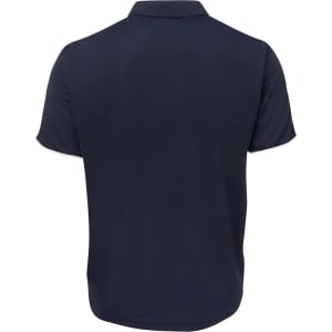 A navy polo shirt with a collared neck and short sleeves, featuring a subtle logo on the side.