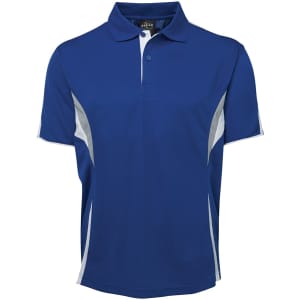 A blue polo shirt with contrasting white side panels and a collar, featuring a logo on the chest.