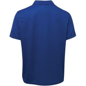 A blue polo shirt featuring a collar and a logo on the back. Suitable for casual or promotional wear.