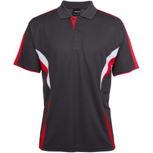 A black and red polo shirt featuring a stylish design and a logo on the chest.