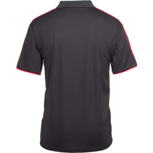A black polo shirt with red detailing, featuring a branded logo on the back.
