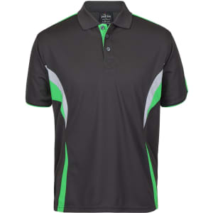 A black polo shirt with green and grey accents, featuring a collar and a logo.