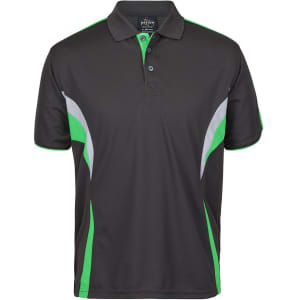 A dark polo shirt with green and grey accents and a branding logo on the chest.