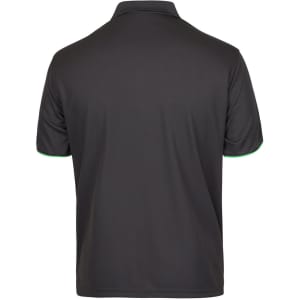 A black polo shirt featuring green accents and a logo on the back.